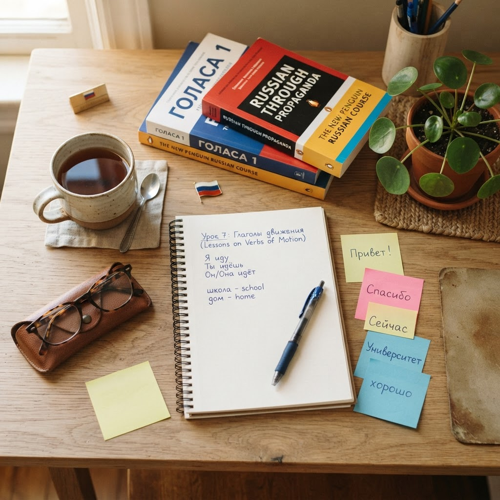 A cozy Russian language study desk with an open notebook of Cyrillic handwriting, textbooks and a cup of tea
